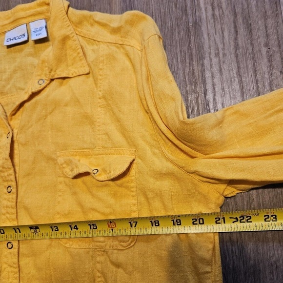 Chicos Womens 100% Linen Long Sleeve Button Up Blouse Size 2 Us L Yellow Pockets - Picture 7 of 8